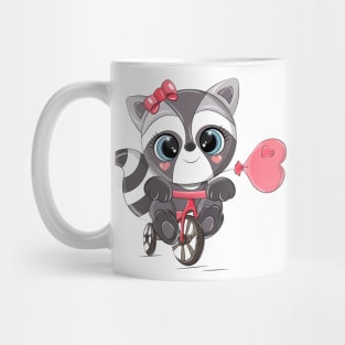 Cute raccoon on a red bike. Mug